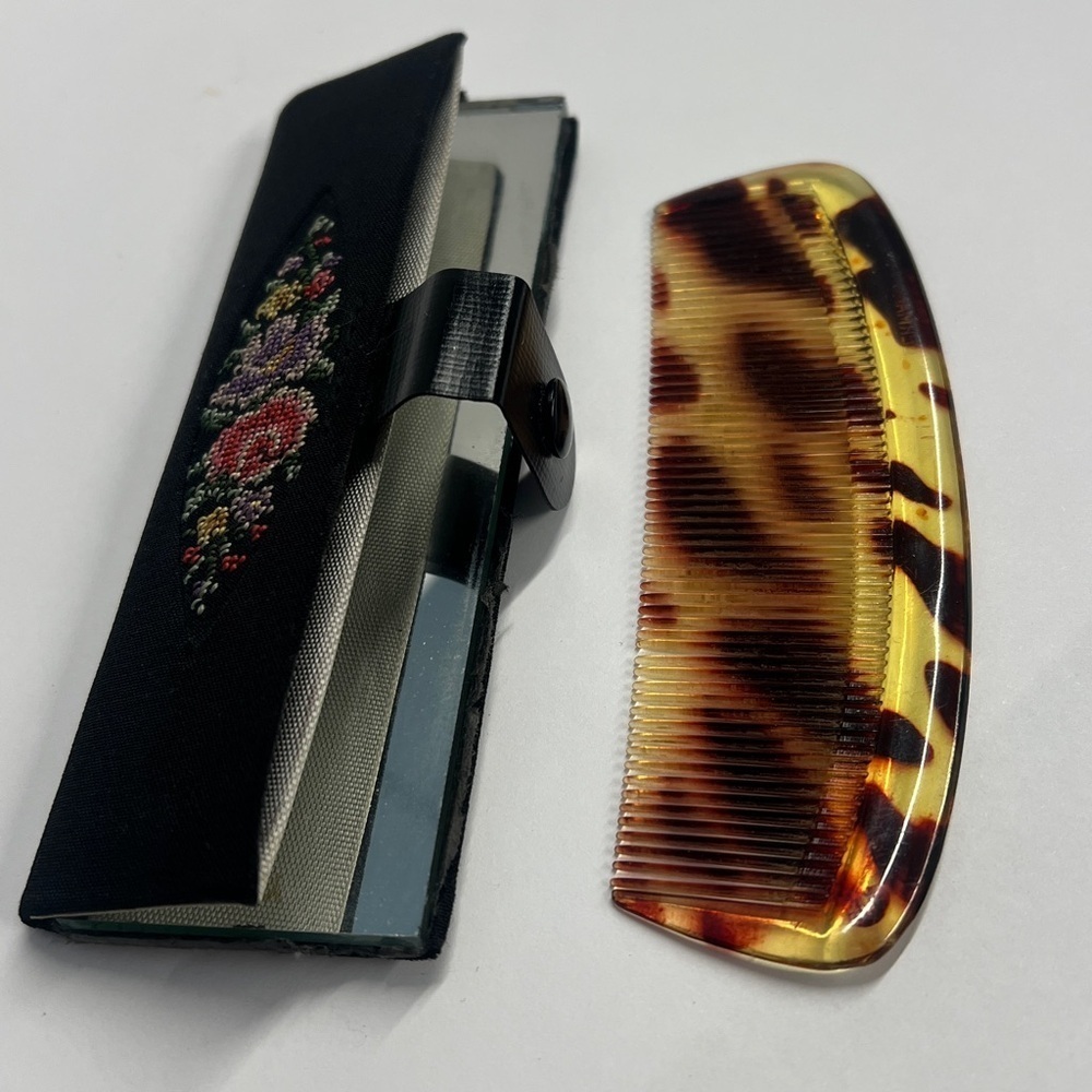 Vinage Comb and Mirror Snap Case in Needlepoint Floral Design Made in Germany